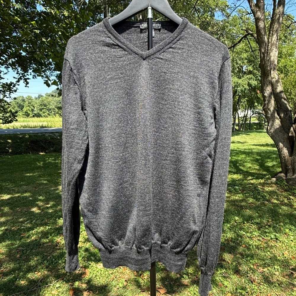 Paolo Mondo Mens Gray Merino Wool V-Neck Sweater Made in Italy Size M FLAW AS IS